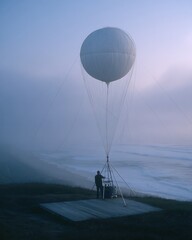 An observer stands near a tethered aerostat balloon on the coast