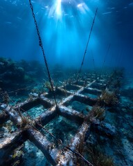 Sunlight filters through the water to illuminate an underwater structure. The image shows a serene aquatic environment with an artificial reef