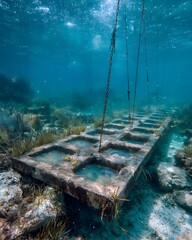 Submerged structure in the deep blue ocean. An underwater scene of a rectangular structure in the sea. Chains suspended from above. 