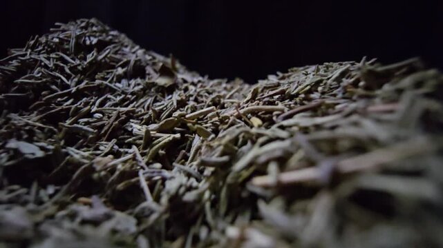 Extreme macro close-up of dried thyme leaves on a wooden surface with a black background. Slow cinematic probe lens movement revealing intricate textures and herbal details.