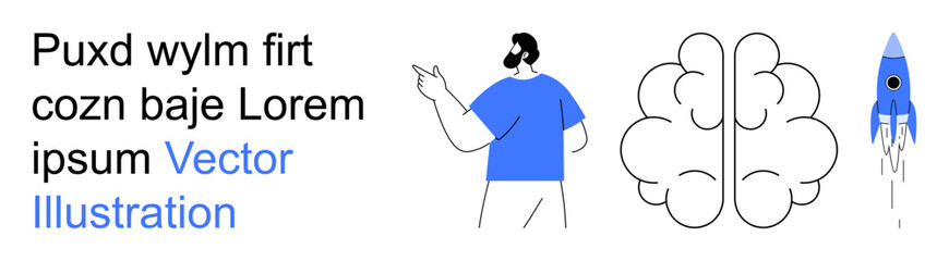 Innovation, creativity, teamwork, brainstorming, vision, solutions. Minimalist design of a man pointing, a brain and a rocket. Innovation and creativity through ideas and progress © robu_s
