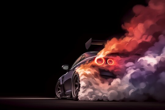 Feel the adrenaline of night racing: a dramatic low-angle shot of a sports car mid-drift with glowing taillights and thick colorful smoke, perfect for automotive gaming and high-speed action themes.