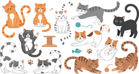 Fototapeta premium Collection of cute cartoon cats and kittens in various poses such as stretching, playing with yarn, sitting, and lying down isolated on white background.