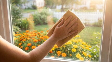 Fototapeta premium Cleaning, window, glass, cloth, hand, wiping, housekeeping person using microfiber rag to wash dirty windowpane in home with sunny garden view during spring cleaning routine chores.
