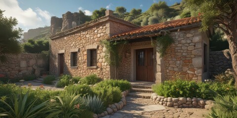 Fototapeta premium Traditional Canarian stone house with overgrown garden , tropical foliage, gray stone wall, natural shelter