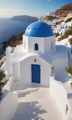 Fototapeta premium Traditional whitewashed Greek chapel with a blue domed roof in Santorini's picturesque landscape, whitewash, island of santorini , santorini architecture