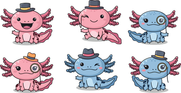 Cute cartoon axolotl character set wearing gentleman hats and monocles in pink and blue colors isolated on white background for creative design projects.