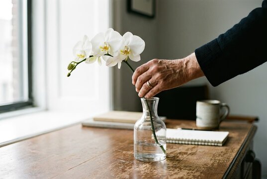 Elegant White Orchid Stem in a Transparent Vase Held by a Hand on a Wooden Desk