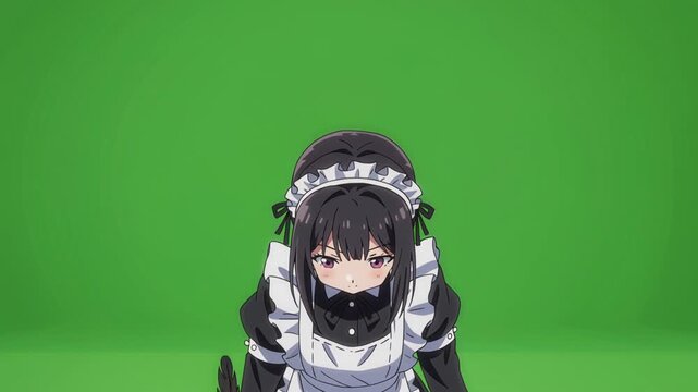 Anime girl in maid costume with green background, illustration for design and entertainment