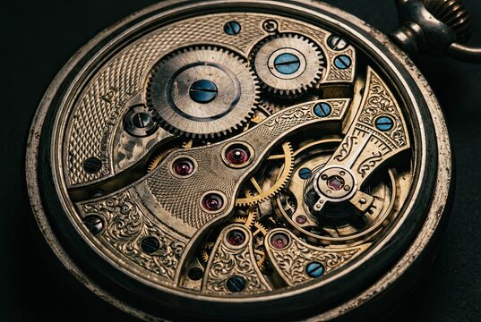 Intricate Watch Movement Displaying Precision Engineering and Craftsmanship with Dramatic Chiaroscuro