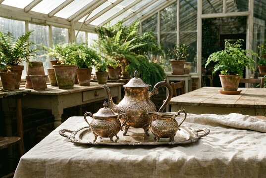 Elegant Antique Silver Tea Set on a Linen Tablecloth in a Sunlit Conservatory, Emphasizing Craftsmanship and Longevity