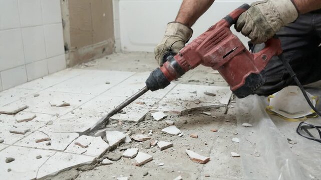 A man is using a hammer drill to break up a tile floor