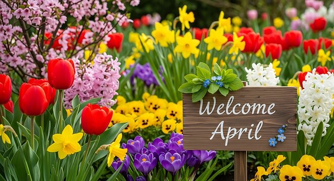 vibrant spring garden welcome sign with colorful flowers in april