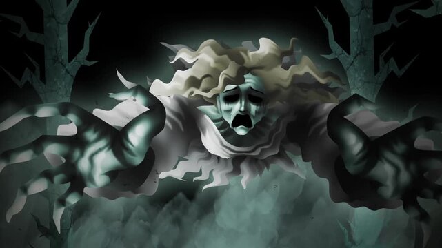 banshee ghost flying in dark forest and terrorizing