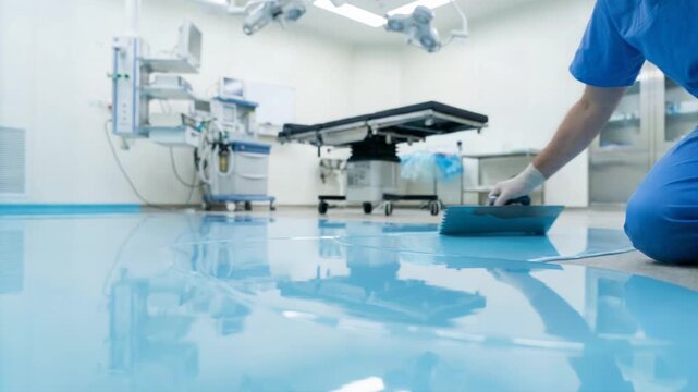 A man in a blue shirt is painting a floor