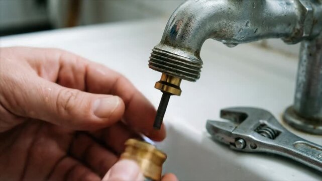 Plumber hands installing brass faucet aerator onto metal tap. Repairman working on water fixture in kitchen. Home improvement maintenance and plumbing pipe upgrade.
