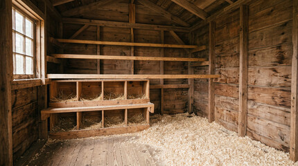 Fototapeta premium Cozy barn interior with wooden shelves and hay