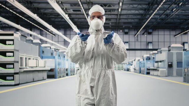 Holding processed silicon wafer, automation and cleanroom technician inside manufacturing facility. Inspecting delicate microelectronic hardware, quality control process and engineer, camera A
