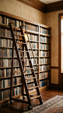 Cozy library with tall bookshelves and wooden ladder