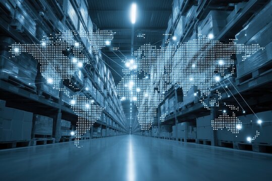 digital map of the world made up of blue dots connected by lines, set against an industrial warehouse background with shelves filled with pallets and containers, symbolizing global trade Generative AI