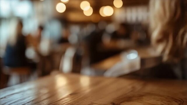 Woman holding glass mug with latte on wooden table in cafe. Hot beverage, morning coffee break, cozy atmosphere at coffee house. Lifestyle drink close up shot.