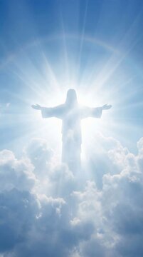 Jesus Christ silhouette with arms outstretched in bright clouds, divine glory and hope, christian faith concept, Good Friday, Easter.