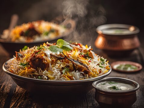 Detailed analysis of a steaming biryani dish, highlighting its layered components and culinary presentation.