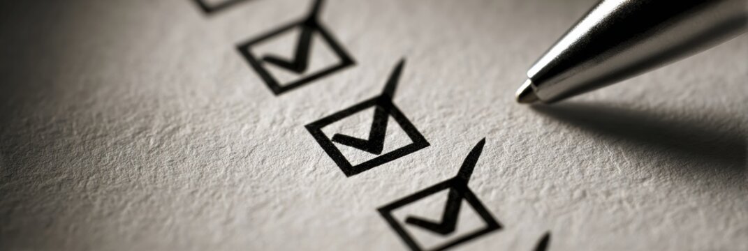 Compliance Checklist Shows Completed Tasks With Clear Tick Marks on Simple Paper Background Captured With 35mm Lens at F3.5