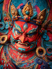 Naklejka premium Vibrant Ancient Buddhist Dharma Deity Mural with Fierce Expression and Golden Crown Details