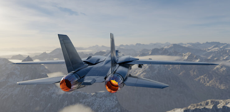 Rear View Of Twin-Engine Fighter Jet With Afterburners Over Snowy Mountain Range 3D Rendering