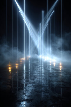 Dramatic concert stage lighting with powerful white strobe lights and laser beams cutting through heavy fog in a dark nightclub atmosphere