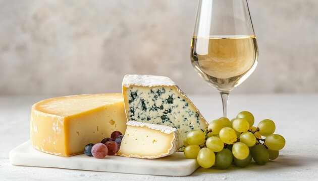 Camembert, blue cheese, hard cheese, glass of cold white wine and grapes on marble board and light background. Cheese platter side view close-up view