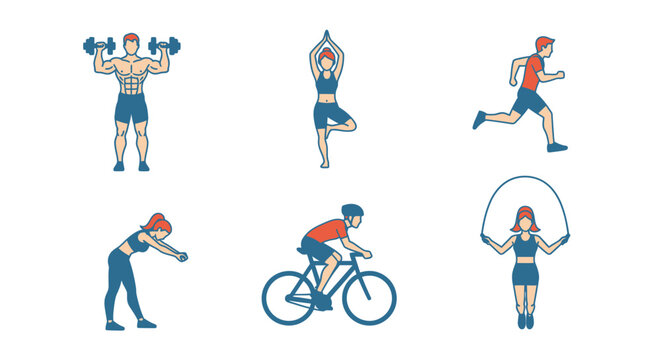 Minimalist vector set showcasing various fitness activities weightlifting, yoga, running, stretching, cycling, and jump rope, representing healthy lifestyle in vector art style, on white bac
