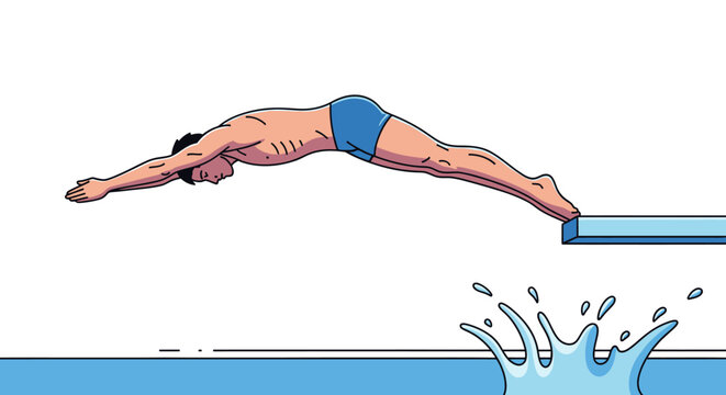 A vectorized illustration depicting a muscular man gracefully diving off a diving board into a refreshing blue pool below with creative linework and an energetic depiction of water splashes.