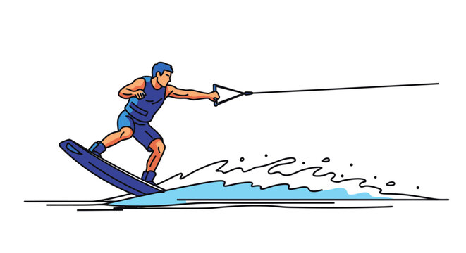 Active man gliding on water skis creating splash behind him during extreme sport on a sunny day with clear sky and clean white background
