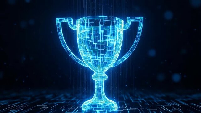 Digital Award Trophy Glows In Futuristic Technology-inspired Scene Depicting Success The Background Features Network Of Connections Digital Innovation Virtual Achievements For Achiev