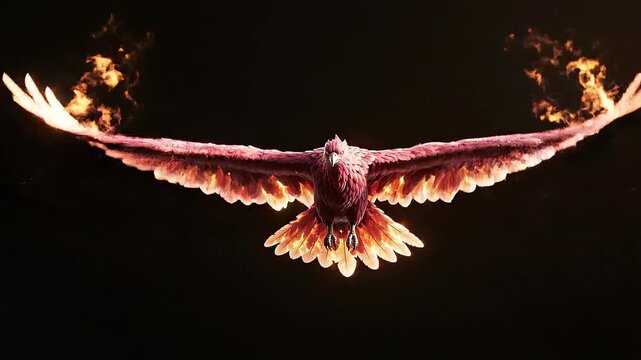 Majestic Phoenix Bird with Flaming Wings Soaring in Dark Background