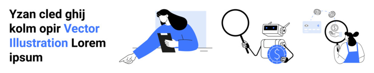 Communication, investigation, data analysis, technology, collaboration, problem-solving. Illustration shows a person reading, magnifying glass and connected devices. Communication and investigation © robu_s