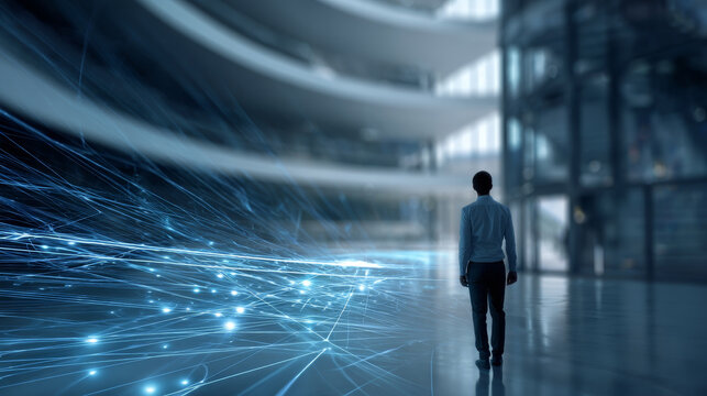 Futuristic businessman stands in a modern digital environment, surrounded by glowing blue data streams and advanced architecture. Innovation and technology shape the workspace of tomorrow