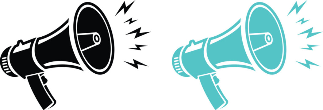 Megaphones making announcements in black and teal