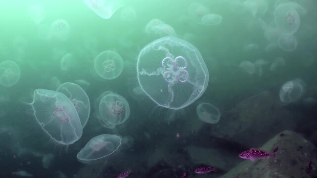 Translucent jellyfish gracefully drift and pulse through emerald depths. Tiny vibrant fish dart among rocky seabed, creating captivating spectacle within mysterious underwater world of Sea of Japan.