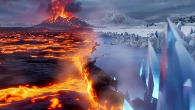 Fire and Ice Elemental Portal. Surreal 4K animation of a volcanic lava landscape clashing with frozen ice crystals, merging into a powerful swirling elemental vortex portal.