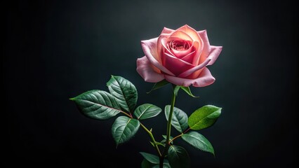 Fototapeta premium A Single Pink Rose with Vibrant Green Leaves Against a Dark Background, Illuminated by a Soft Light, Evoking a Sense of Elegance and Serenity