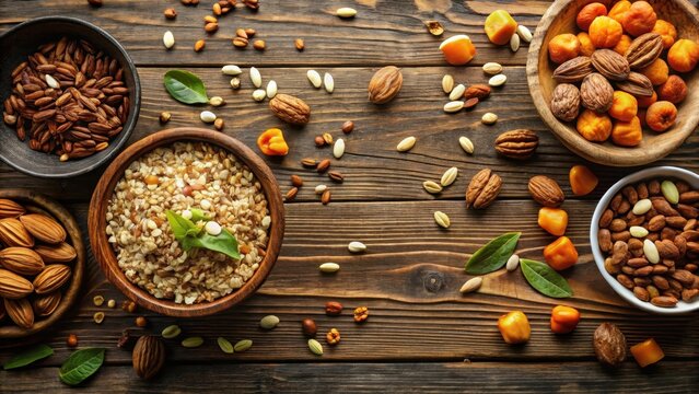 Aromatic Medley of Nuts, Seeds, and Grains Arranged on Rustic Wooden Surface