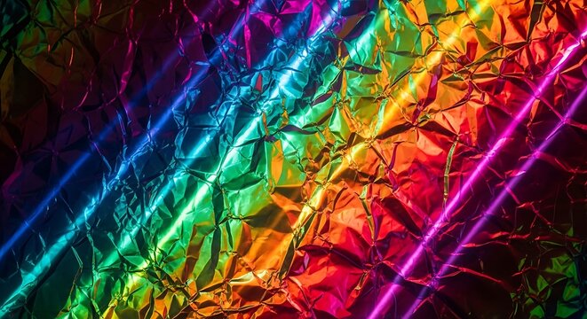 Vibrant diagonal neon light stripes illuminating a crumpled metallic foil surface with a rainbow spectrum.