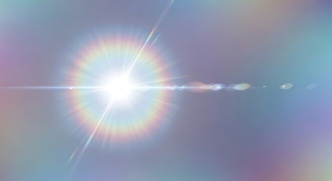 A bright lens flare with rainbow colors emanates from a light source.