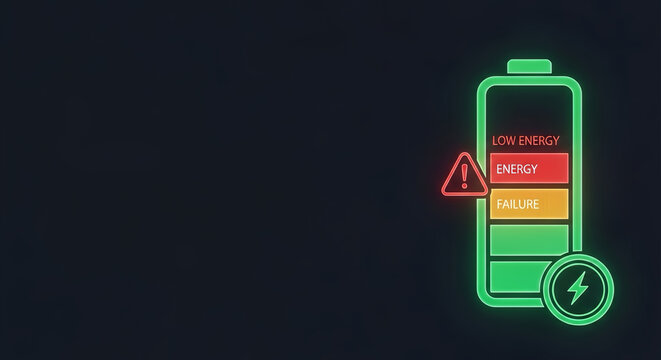 Low energy battery warning interface with red alert on futuristic dark background