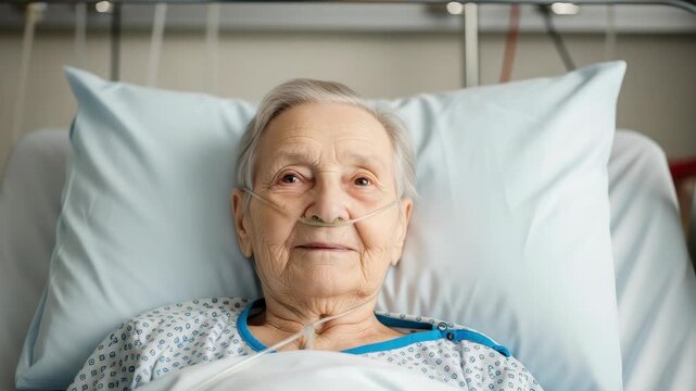 Senior Woman Resting In Hospital Bed Wearing Nasal Cannula Looking At Camera With Medical Equipment In The Background For Healthcare Medical Articles Media