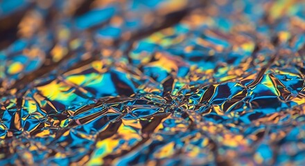 Obraz premium Close-up macro photograph of iridescent, crinkled metallic foil reflecting vibrant blue, yellow, and orange colors.