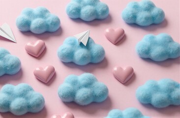 Obraz premium Soft blue clouds paper airplanes and pink hearts on a gentle pink